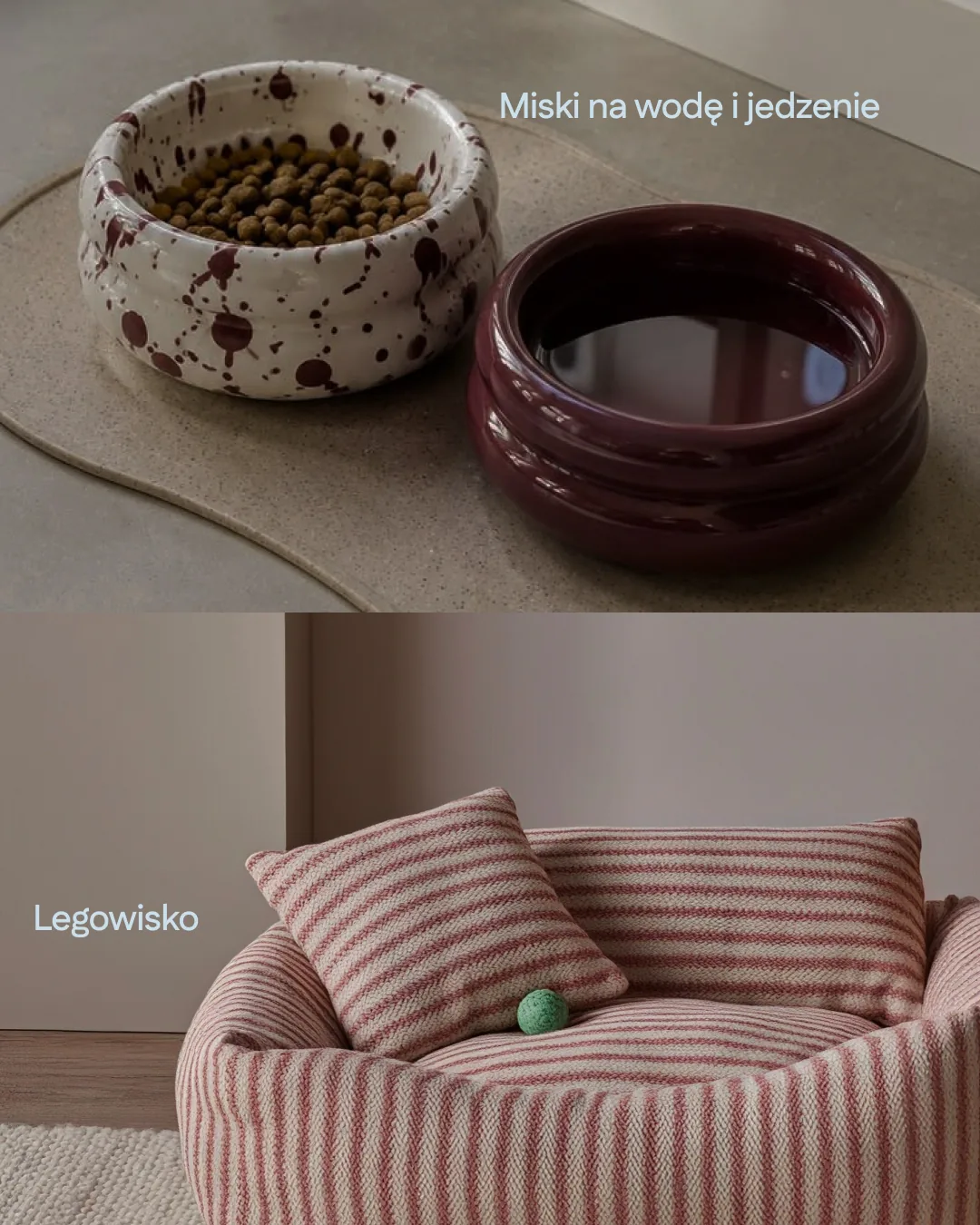 Miski na wodę i jedzenie oraz legowisko dla szczeniaka